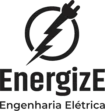 arte com um raio que vira uma tomada, dentro de um círculo, em preto, sobre o nome Energize Engenharia Elétrica